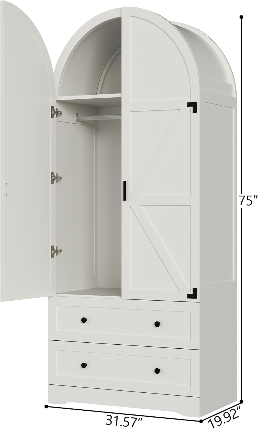 Gyfimoie White Armoire Wardrobe Closet with 2 Drawers, 75" Wooden Wardrobe with 2 Doors, Freestanding Closet Armoire Cabinet with Hanging Rack, Clothing Storage Cabinet for Bedroom (White)