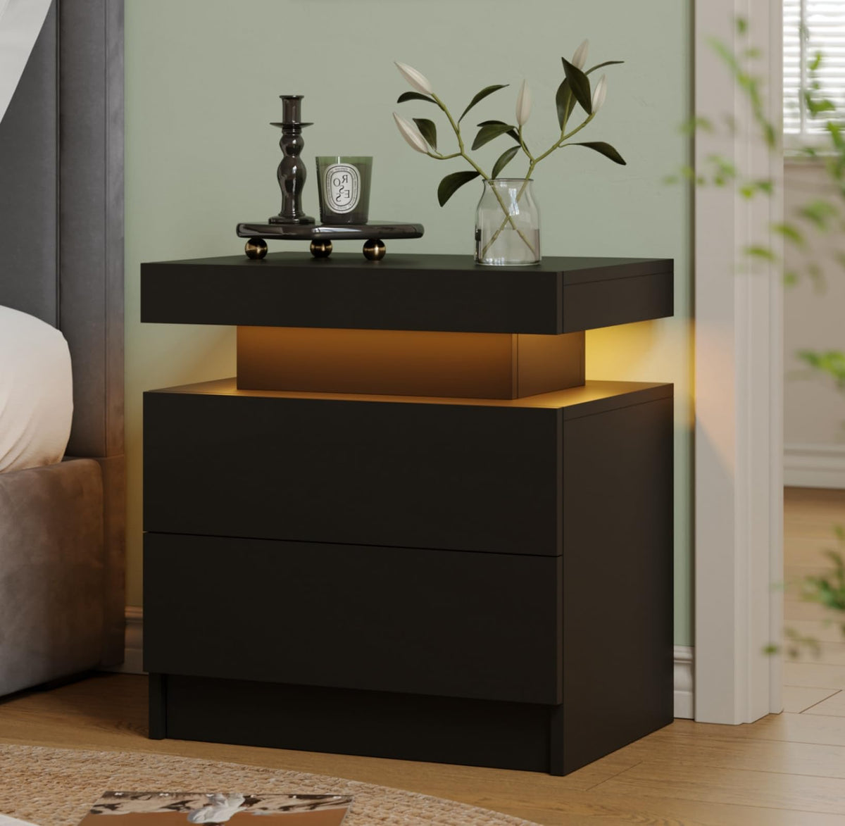 Modern White LED Nightstand for Bedroom Bedside Table with 2 Wood Drawers