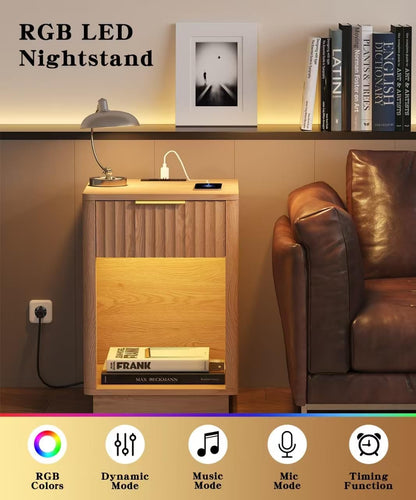 Akxomel Fluted Nightstand Set 2 Bedside Table with Charging Station Oak