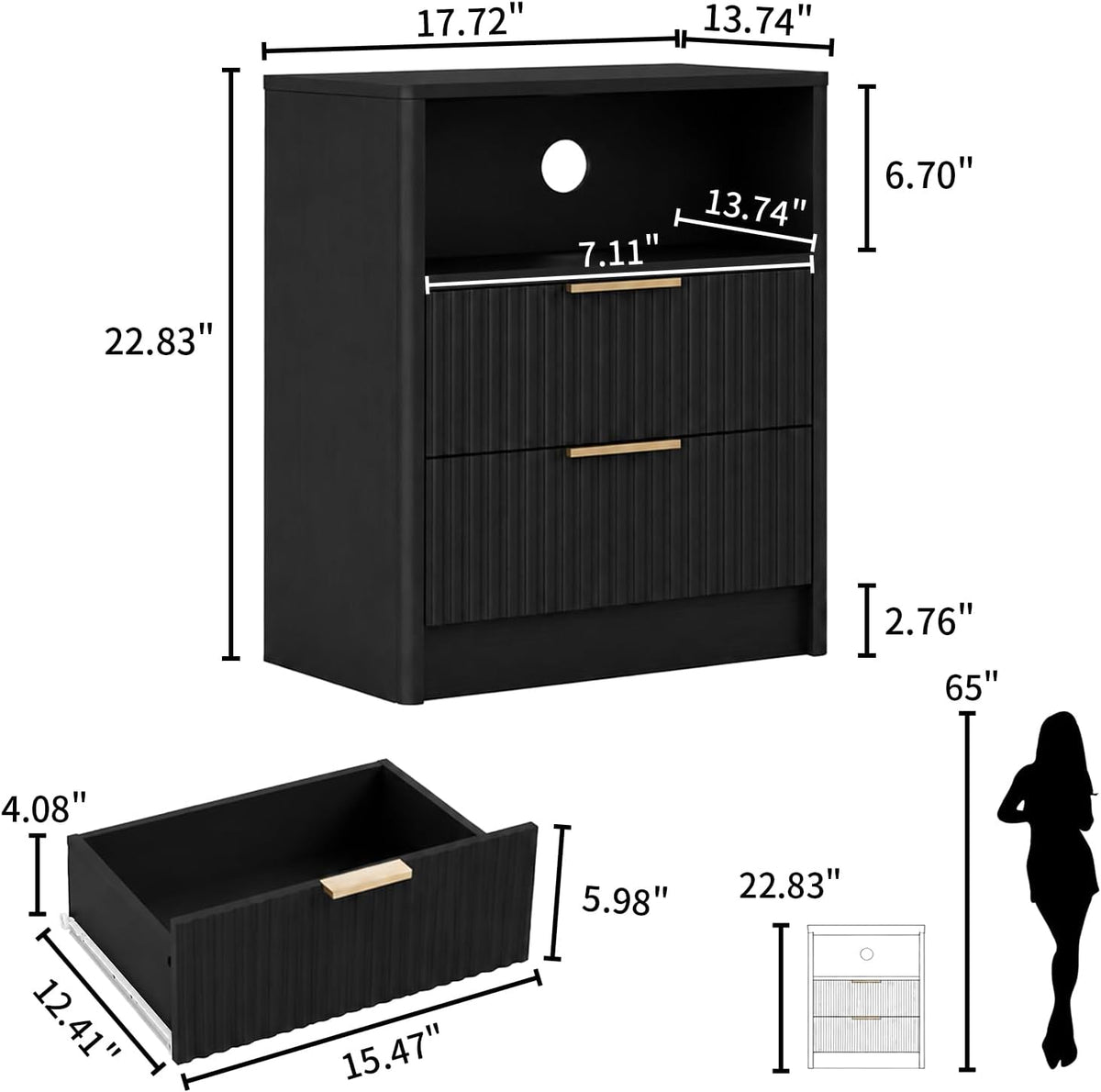 Nightstands Set of 2, Fluted Nightstand with 2 Drawers, Black & Narrow