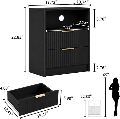 Nightstands Set of 2, Fluted Nightstand with 2 Drawers, Black & Narrow