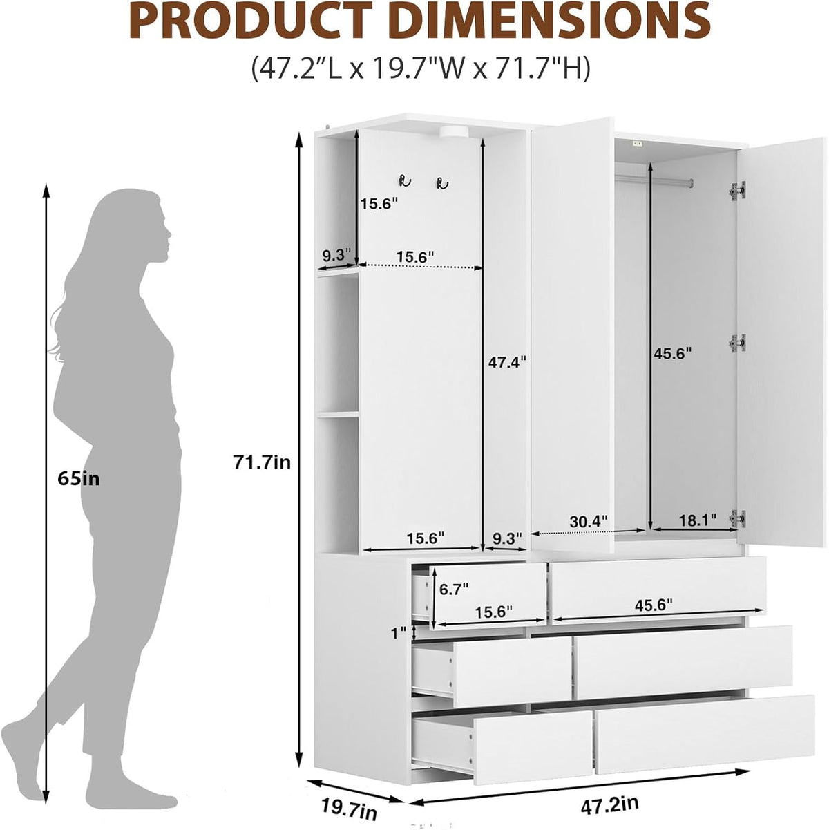 White Wardrobe Closet with Mirror and LED Light, Armoire Wardrobe with 6 Drawers, Hanging Rod, Open Shelves, Freestanding Bedroom Storage Cabinet