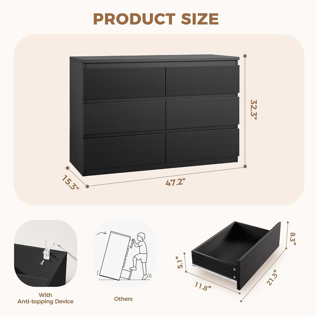 6 Drawer Double Dresser for Bedroom, Modern Simply Chest of Drawers, Wood Storage Dresser with Anti-Tipping for Living Room Hallway Entryway, Nursy Black (15.3" D x 47.2" W x 32.3" H)