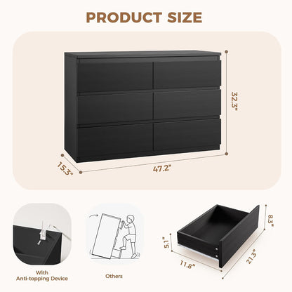 6 Drawer Double Dresser for Bedroom, Modern Simply Chest of Drawers, Wood Storage Dresser with Anti-Tipping for Living Room Hallway Entryway, Nursy Black (15.3" D x 47.2" W x 32.3" H)