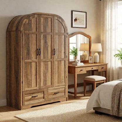 Squireewo 3 Doors Armoire Wardrobe Closet with Mirror and Lights, 71" Farmhouse Arched Wooden Wardrobe Cabinet with 2 Drawers,Hanging Rod, Clothing Storage Closet Cabinet for Bedroom,Light Rustic Oak