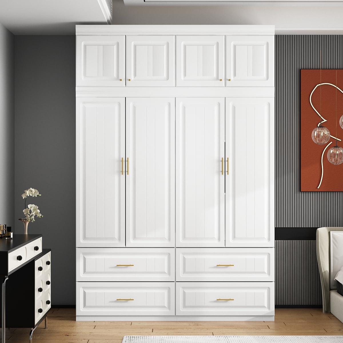 MOUMON 4 Door Wardrobe Closet with Drawers & Shelves, Armoire Closet with Hanging Rod, Wardrobe Cabinet with Gold Metal Handles, Top Cube Storage, White (63”W x 20.6”D x 94.7”H)