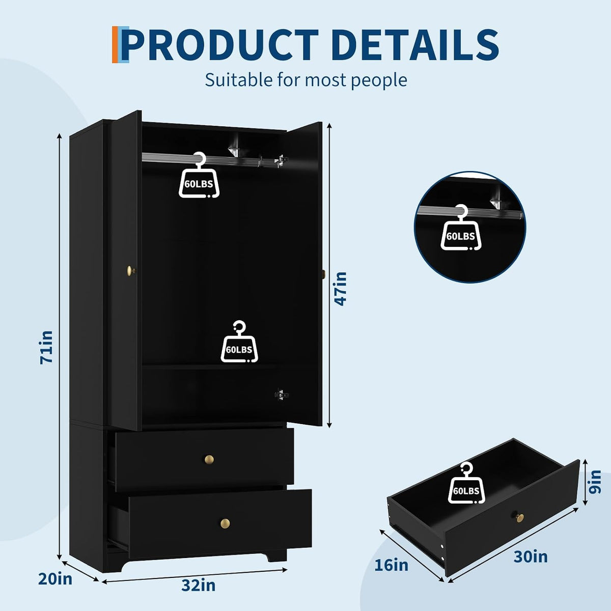 Garvee 71" Armoire Wardrobe Closet Bedroom Armoire Clothing Storage Cabinet