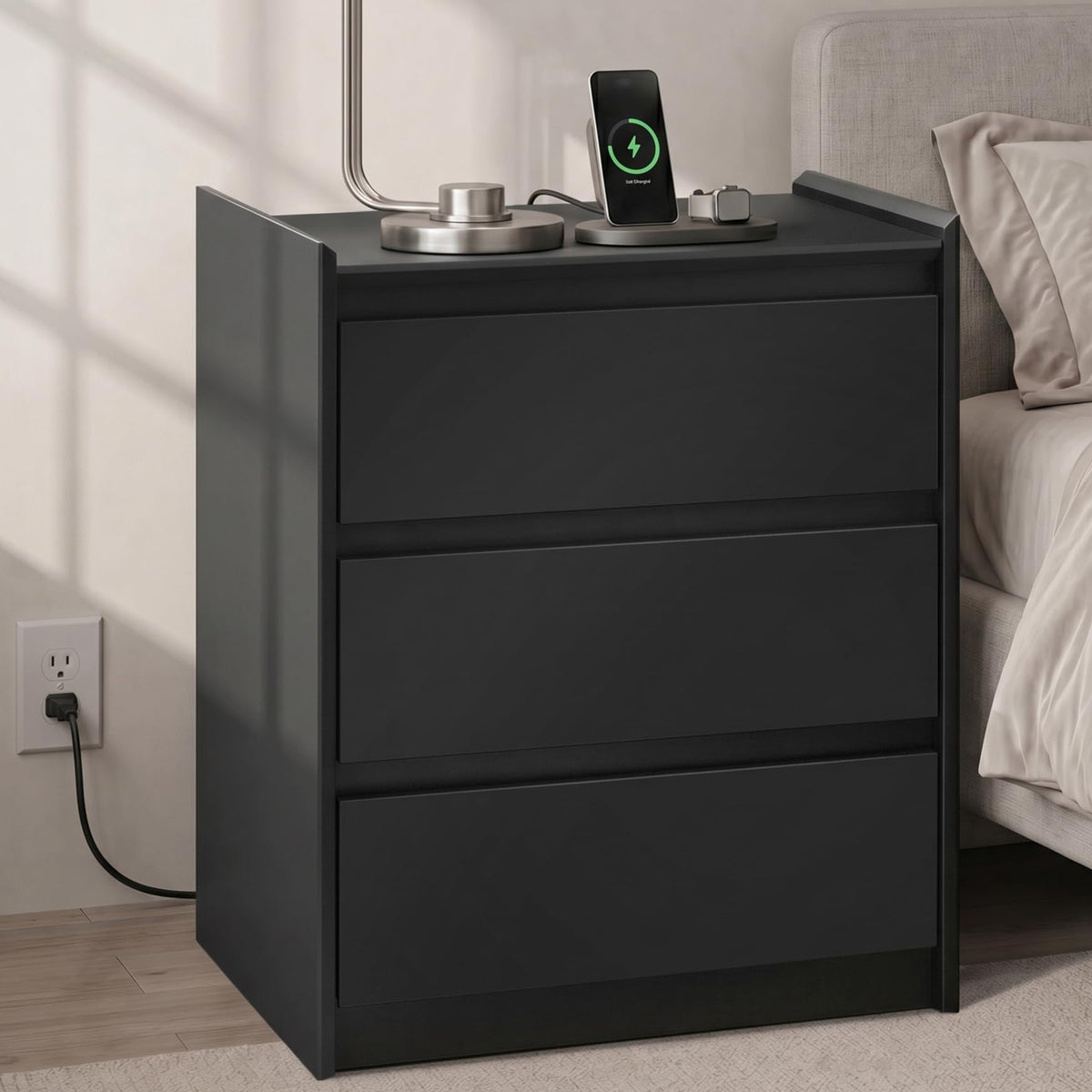 Black Nightstand with Charging Station, 24"H, 2 Drawers & Shelf