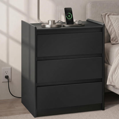 Black Nightstand with Charging Station, 24"H, 2 Drawers & Shelf