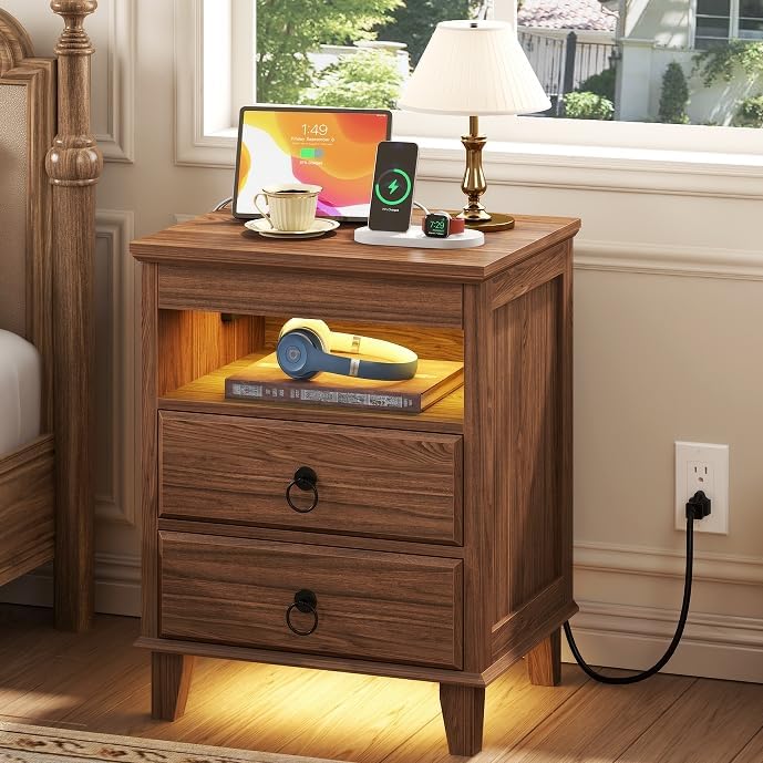 Yusong LED Night Stand with Gun Drawer, Bedside Table with Charging Station, Sofa Couch End Side Table with with 2 Drawers ＆Open Shelf for Bedroom, Brown