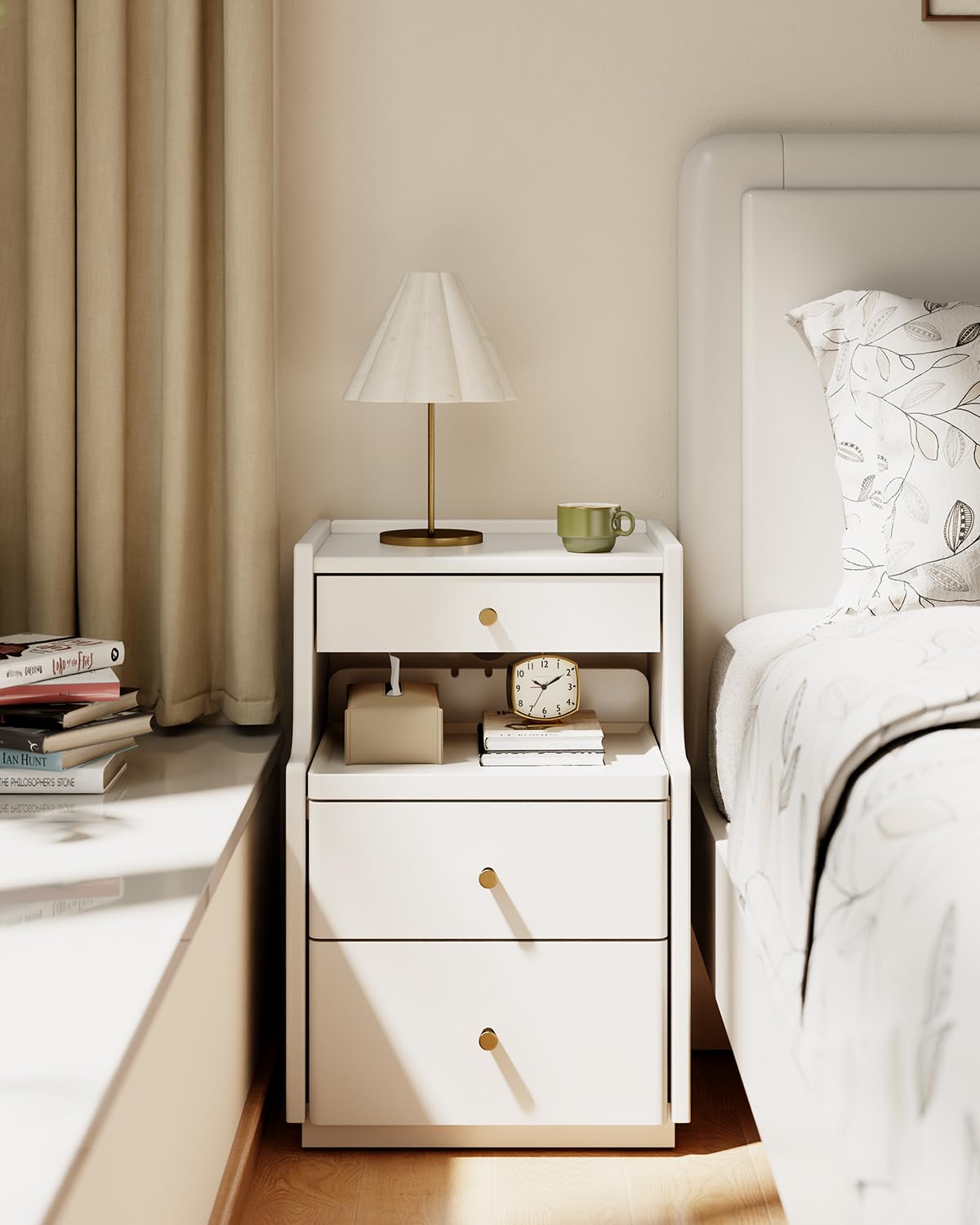 Solid Wood Narrow Nightstand with 3 Drawers,Modern White,Fully Assembled