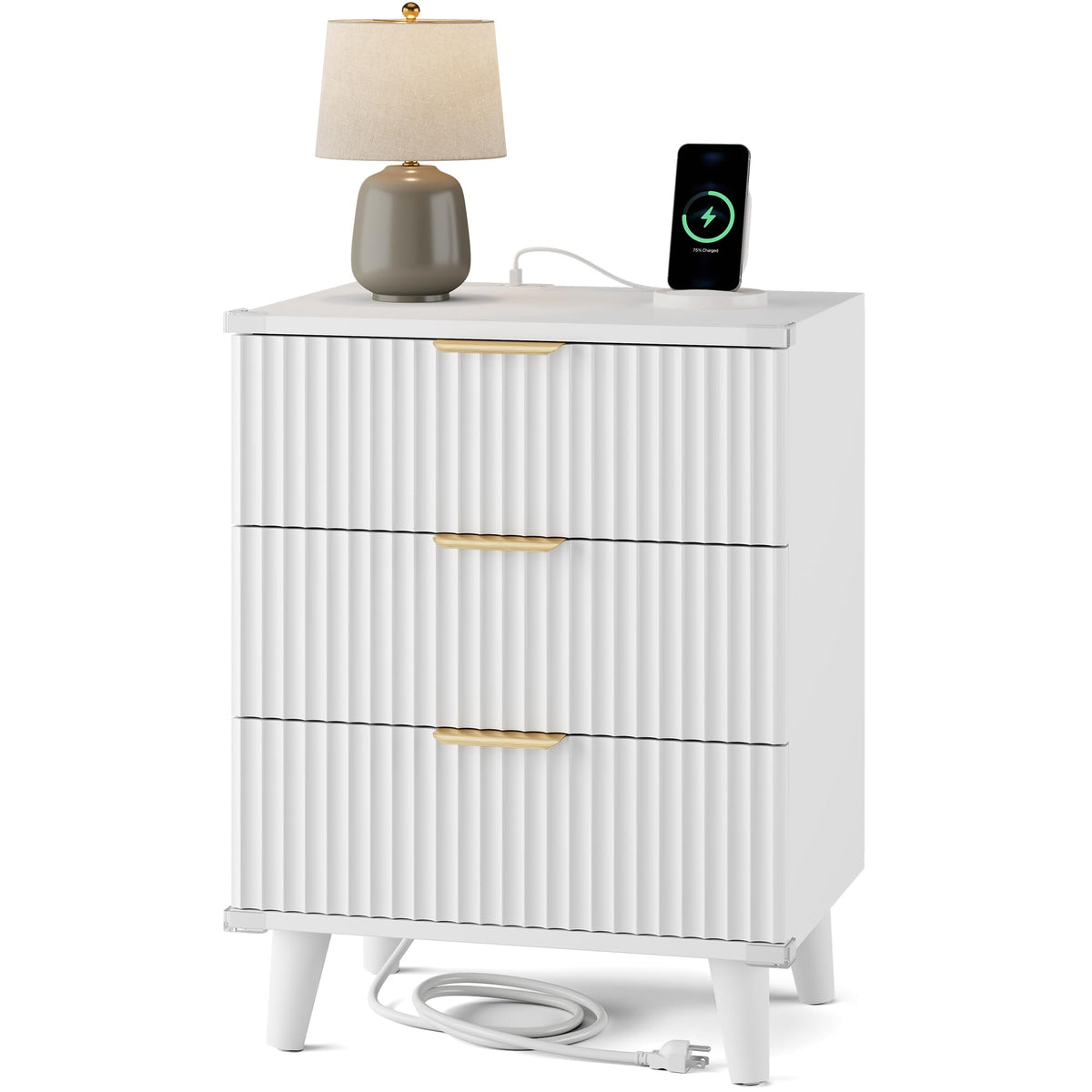 Night Stand Set 2, Fluted Wood Nightstands w/Charging Station for Bedroom
