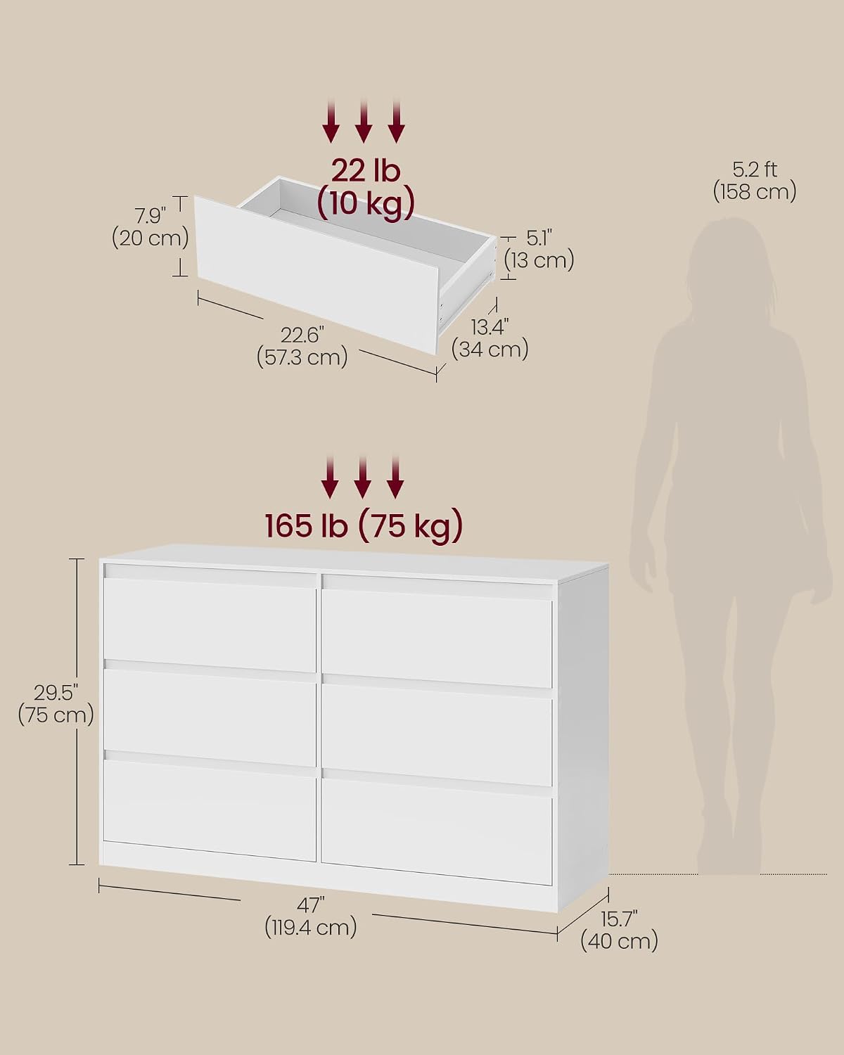 VASAGLE Modern 6-Drawer Dresser, Clothes Storage Cabinet