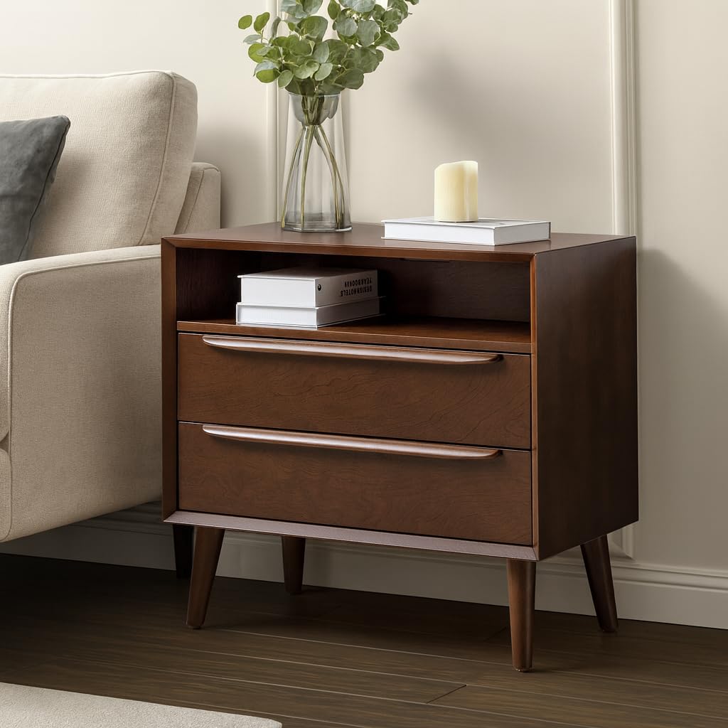 HULALA HOME End Table with Charging Station, 2 Drawers, Set of 2, Acorn