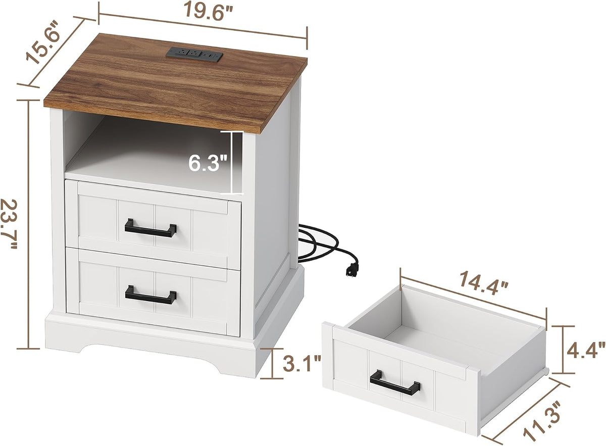 ChooChoo Farmhouse Night Stands with Charging Station Set of 2, 2 Drawers