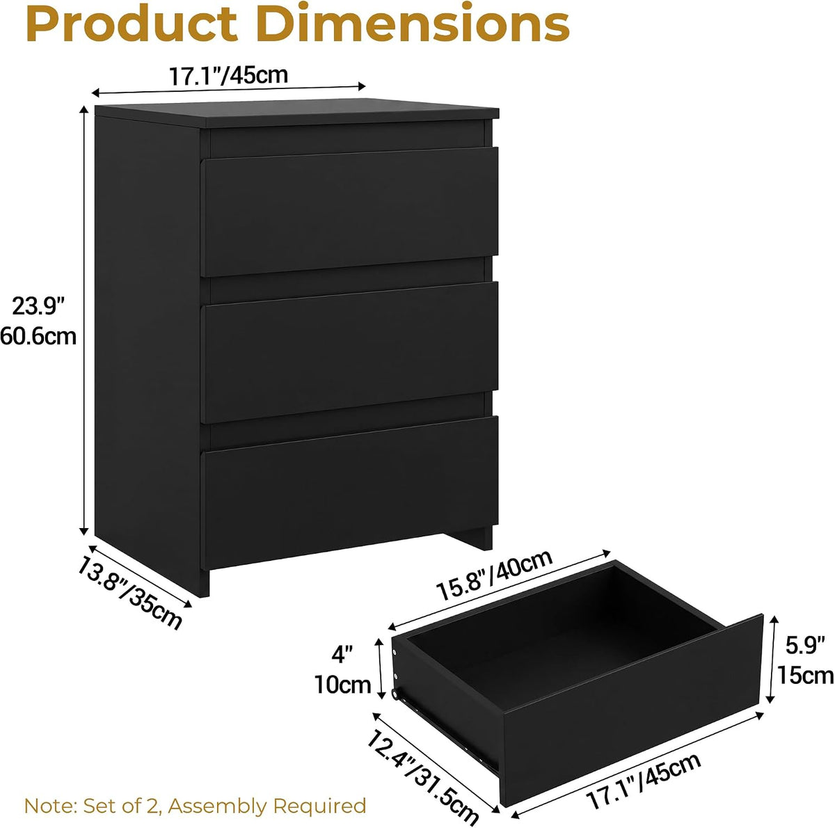 Nightstands Set of 2, Black Nightstand with 3 Drawers