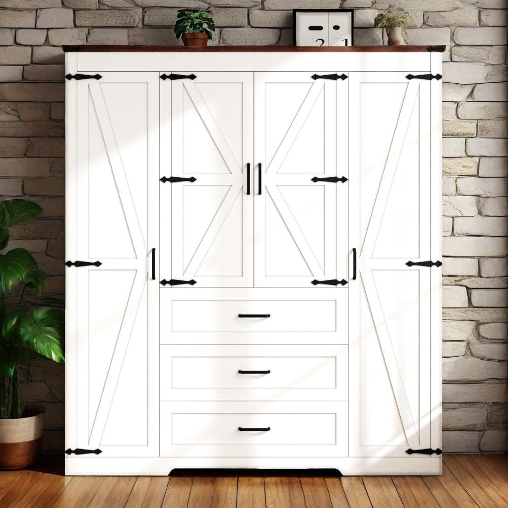 70" Tall Armoire Wardrobe Closet with 4 Doors & 3 Drawers, Farmhouse Bedroom Storage Cabinet with Hanging Rod, Freestanding Wooden Armoire Wardrobe Closet, Brown