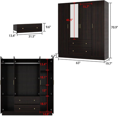 4 Door Wardrobe Armoire Closet with Mirror Door, 63" W Wooden Cabinet with 2 Drawers & Hanging Rod, Bedroom Armoire Dresser Wardrobe Clothes Organizer, Espresso
