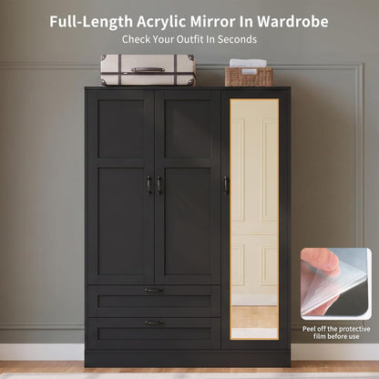 5-in-1 Narrow Armoire Wardrobe Closet, Freestanding Tall Closet with Full Length Mirror, Adjustable Shelf, 2 Drawers & Hanging Rod, Wooden Storage Cabinet for Bedroom Dorm, Black
