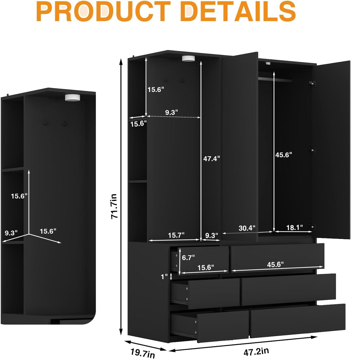 72'' Armoire Wardrobe Closet with Mirror Door & LED Lighting, Large Freestanding Modern Wooden 2 Doors Closet with 6 Drawers & 3 Storage Shelves & Hanging Rod & 2 Hooks for Bedroom (Black)