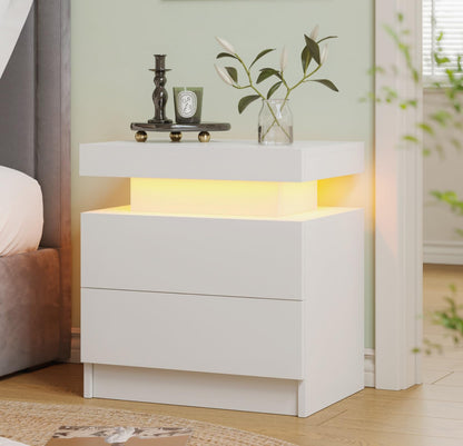 Modern White LED Nightstand for Bedroom Bedside Table with 2 Wood Drawers