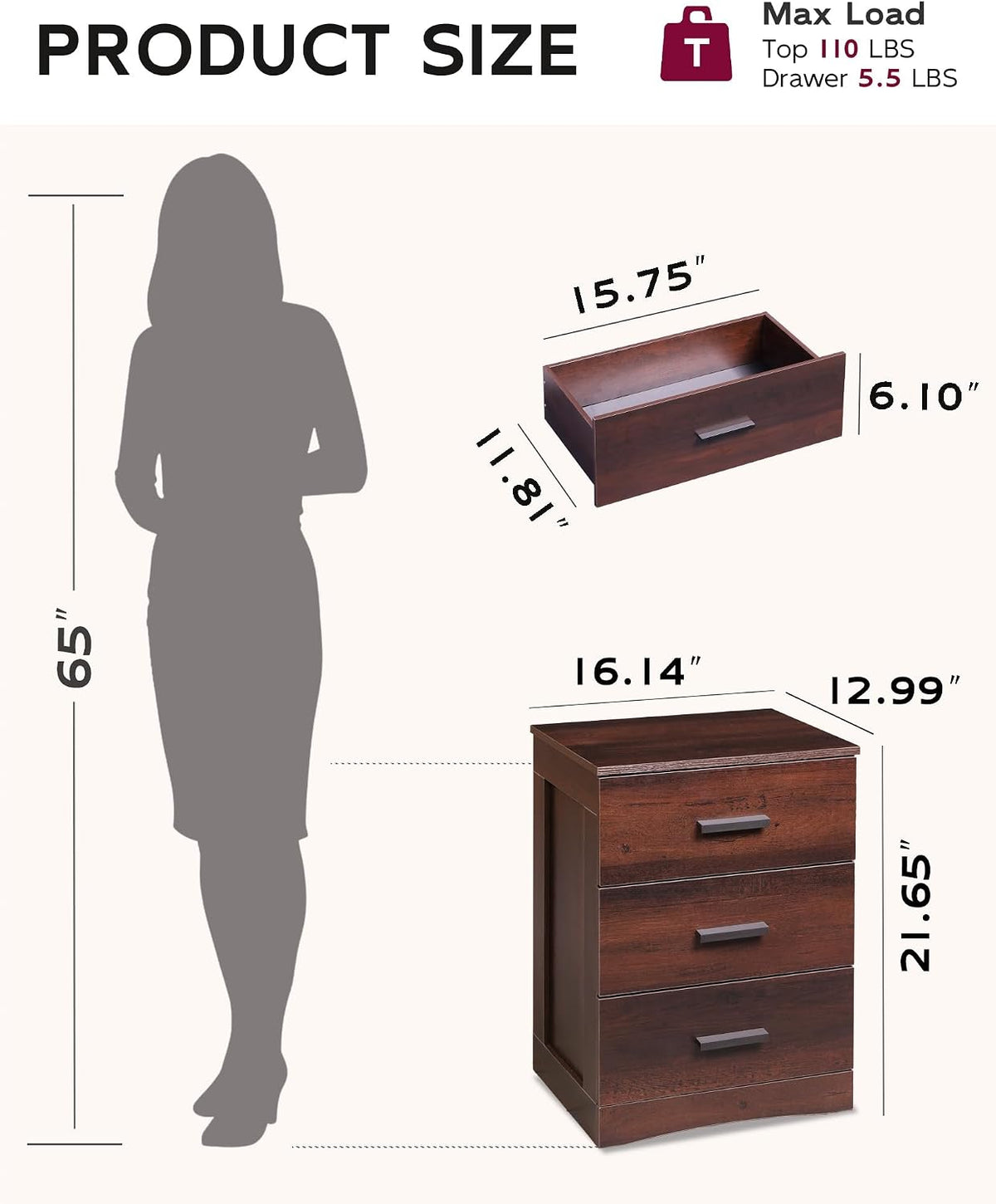 WLIVE Brown Nightstand with 3 Drawers, Wood Bedside Table with Large Top