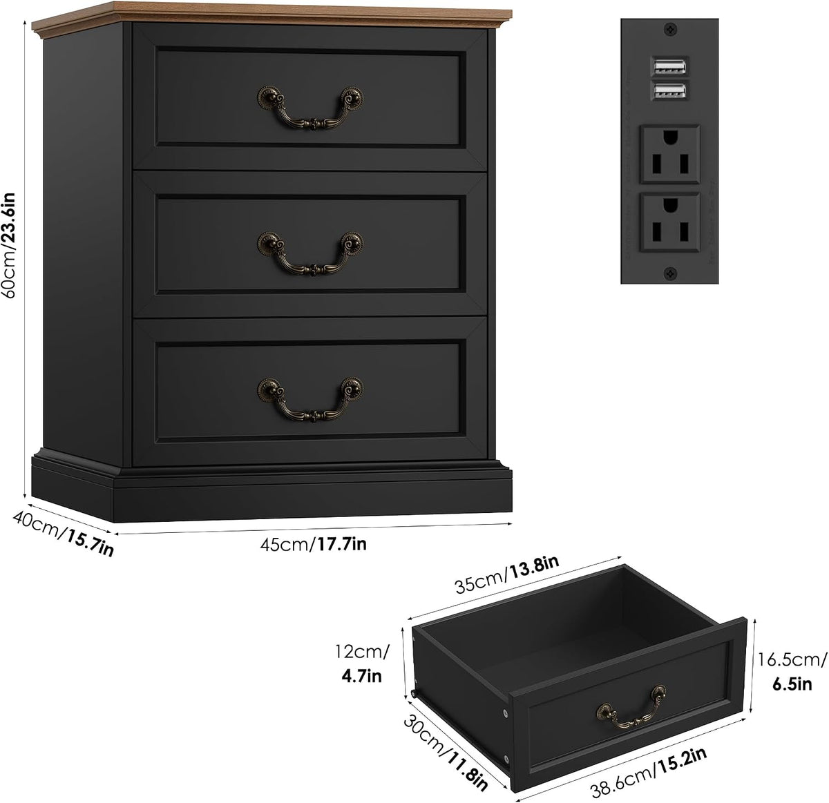 FINETONES Nightstands Set of 2 with Charging Station, 3 Drawer Night Stand