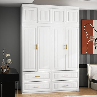 MOUMON 4 Door Wardrobe Closet with Drawers & Shelves, Armoire Closet with Hanging Rod, Wardrobe Cabinet with Gold Metal Handles, Top Cube Storage, White (63”W x 20.6”D x 94.7”H)