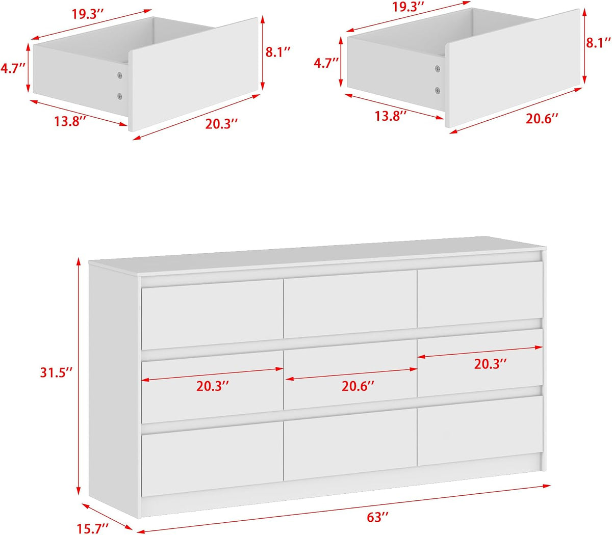 9 Drawer Dresser for Bedroom with Deep Drawers, Large Floor Wood Dressers & Chest of Drawers Handle Free, Modern White Long Dressers for Closet Living Room, Euro Slide (63"W x 15.7"D x 31.5"H)
