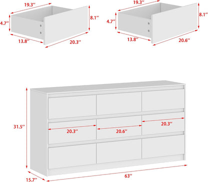 9 Drawer Dresser for Bedroom with Deep Drawers, Large Floor Wood Dressers & Chest of Drawers Handle Free, Modern White Long Dressers for Closet Living Room, Euro Slide (63"W x 15.7"D x 31.5"H)