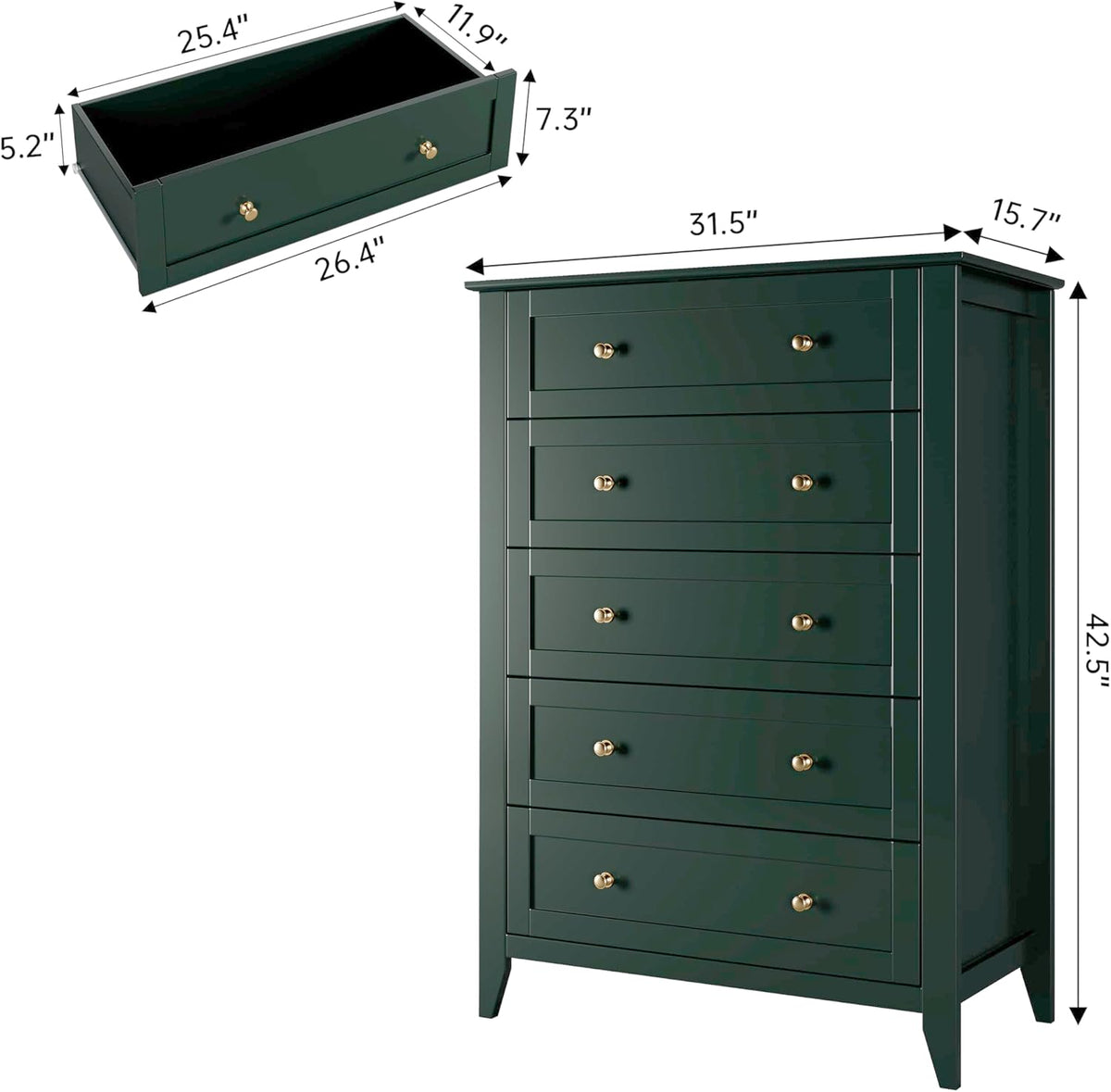 Garvee 5 Drawer Dresser for Bedroom, Modern Tall Chest of Drawers with Metal Knobs, Wooden Clothes Storage Organizer for Closet, Nursery, Living Room, Apartment, Green