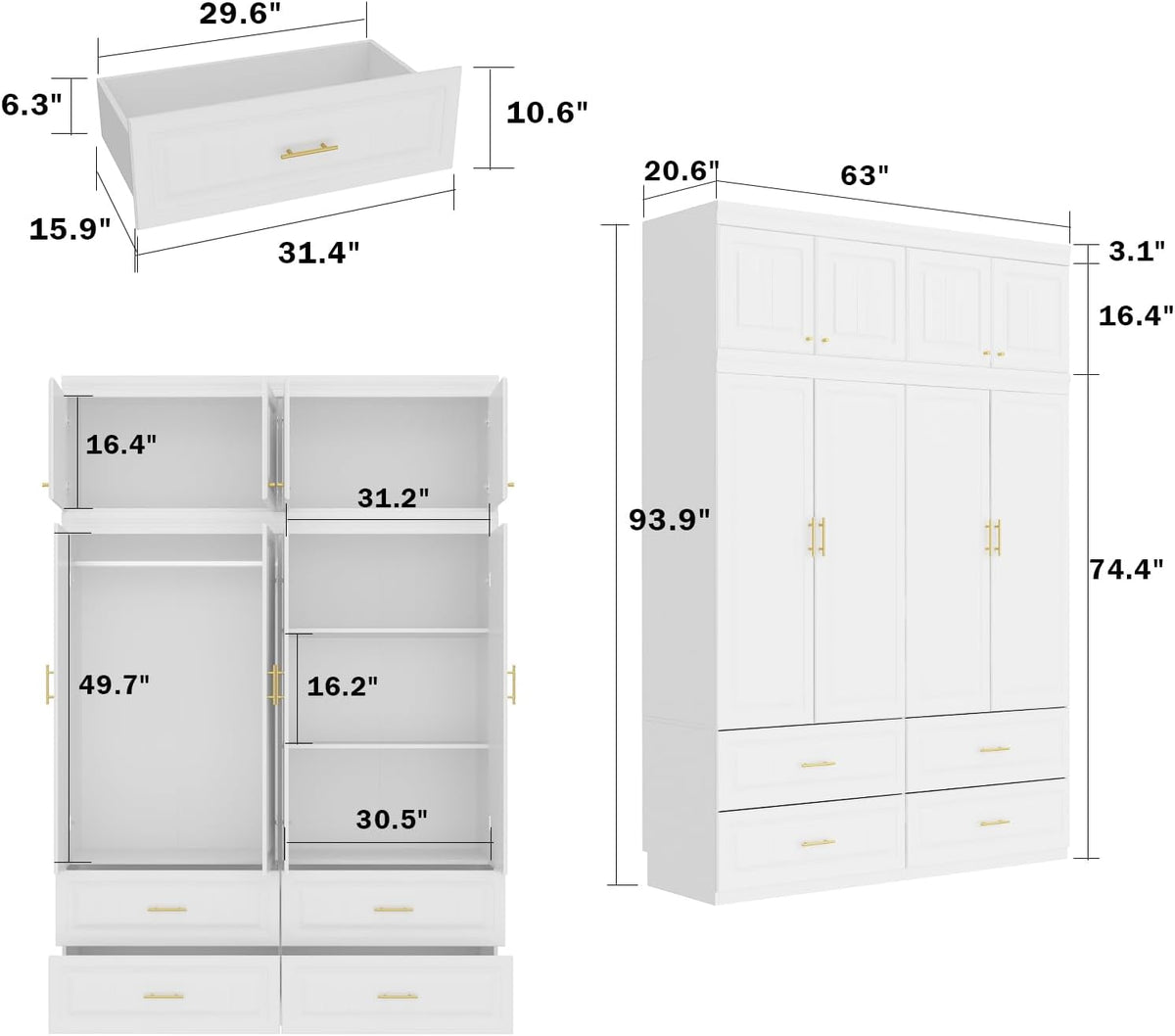 MOUMON 4 Door Wardrobe Closet with Drawers & Shelves, Armoire Closet with Hanging Rod, Wardrobe Cabinet with Gold Metal Handles, Top Cube Storage, White (63”W x 20.6”D x 94.7”H)