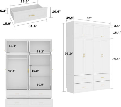 MOUMON 4 Door Wardrobe Closet with Drawers & Shelves, Armoire Closet with Hanging Rod, Wardrobe Cabinet with Gold Metal Handles, Top Cube Storage, White (63”W x 20.6”D x 94.7”H)