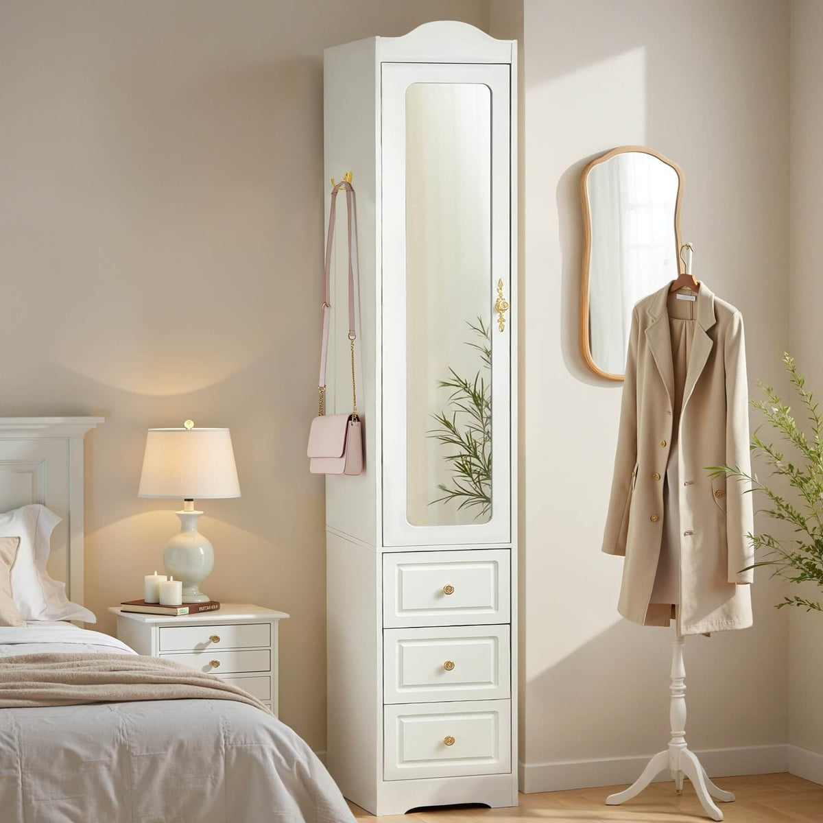 Armoire Wardrobe Closet, Green Bedroom Armoires Cabinet with Mirror Door and 6 Drawers, 69.5" H Wood Clothing Storage Cabinet with Hanging Rod & Sensor Light for Bedroom-(Left+Right)