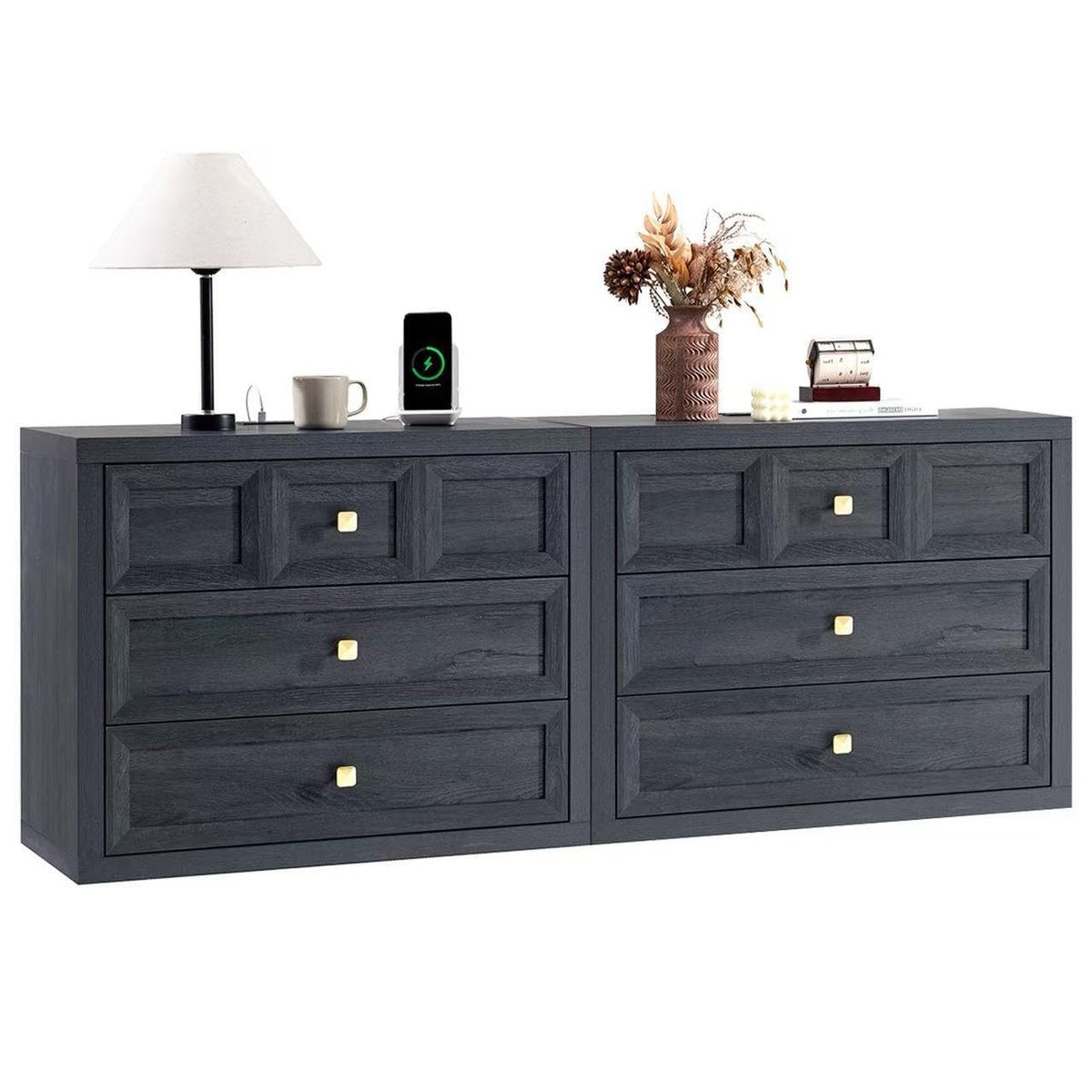 Night Stand Large W/Charging Station, 30.7" W Oversized Nightstands Tall Bedside Table with 3 Drawers, Accent End Table W/Large Storage, Modern Wood End Table for Bedroom, Office
