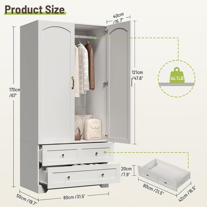 Armoire Wardrobe Closet with 2 Drawers & Mirror, White