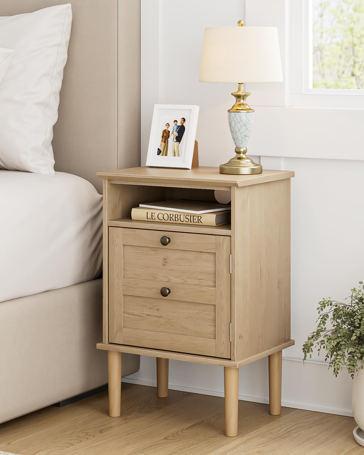 Nightstand, Boho Night Stand with 1 Drawer, Modern Side Accent Table with Open Shelf, Wooden Top Bedside End Table for Bedroom, Living Room, Walnut