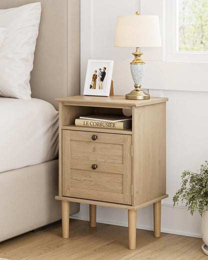 Nightstand, Boho Night Stand with 1 Drawer, Modern Side Accent Table with Open Shelf, Wooden Top Bedside End Table for Bedroom, Living Room, Walnut