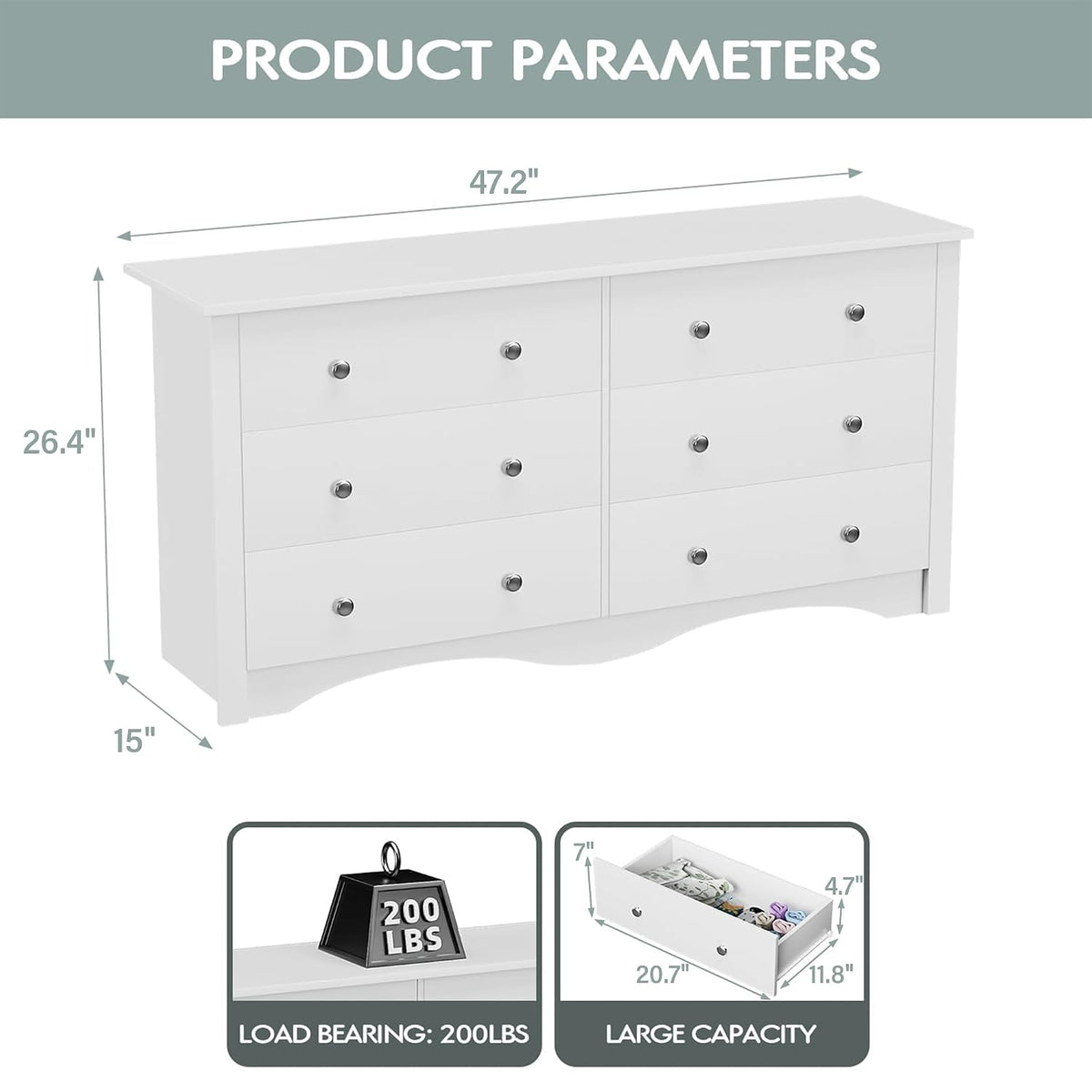 YESHOMY White Wood Dresser with 6 Drawer, 47.2" Chest of Drawers