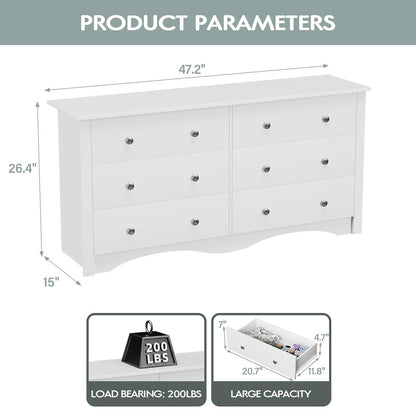 YESHOMY White Wood Dresser with 6 Drawer, 47.2" Chest of Drawers