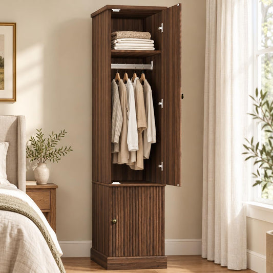 Garvee 72" Tall Armoire Wardrobe Closet, Fluted Wood, Narrow, Retro Brown