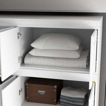 MOUMON 4 Door Wardrobe Closet with Drawers & Shelves, Armoire Closet with Hanging Rod, Wardrobe Cabinet with Gold Metal Handles, Top Cube Storage, White (63”W x 20.6”D x 94.7”H)