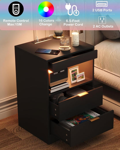 Yusong RGB LED Nightstand with Charging Station, Black