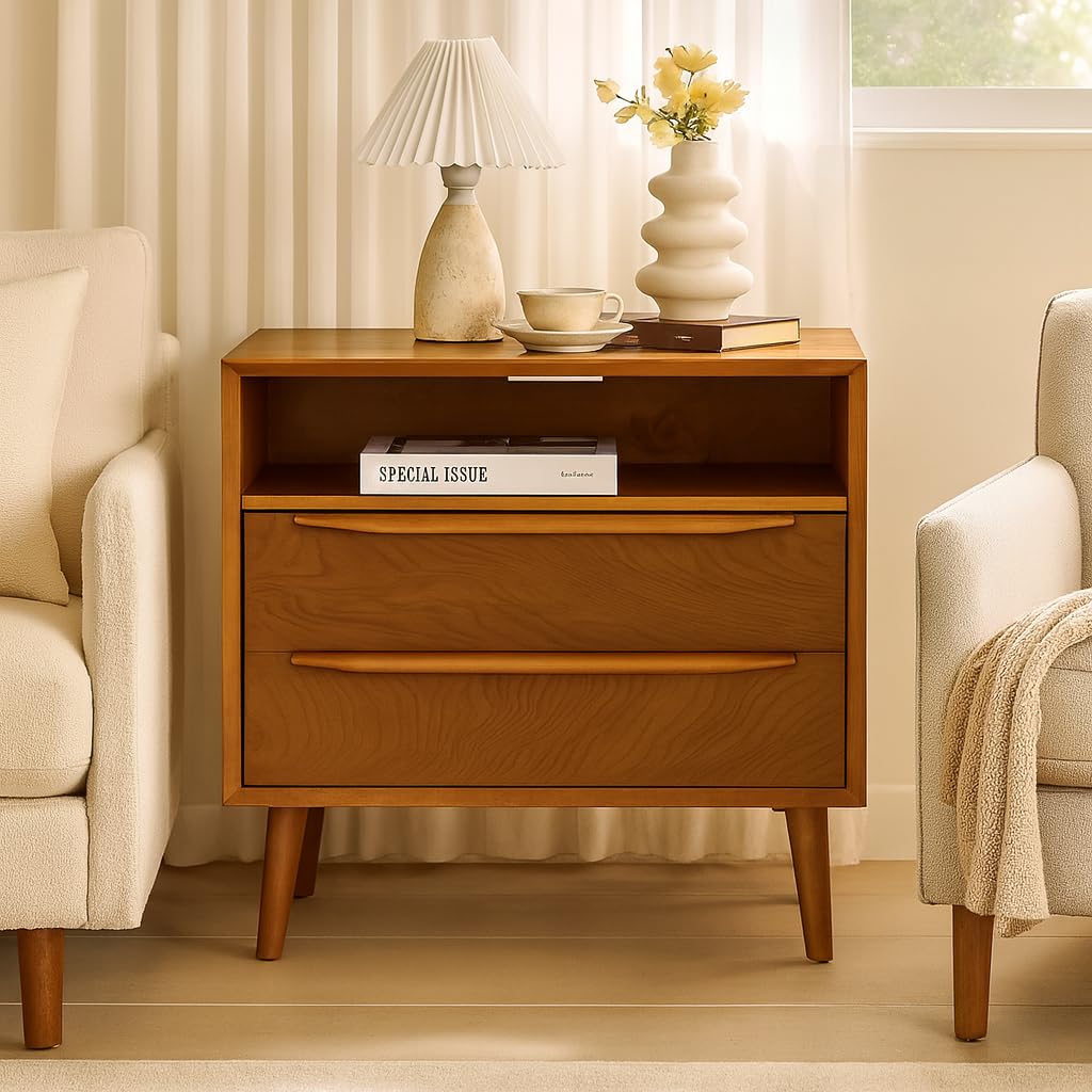 HULALA HOME End Table with Charging Station, 2 Drawers, Set of 2, Acorn