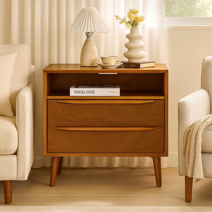 HULALA HOME End Table with Charging Station, 2 Drawers, Set of 2, Acorn
