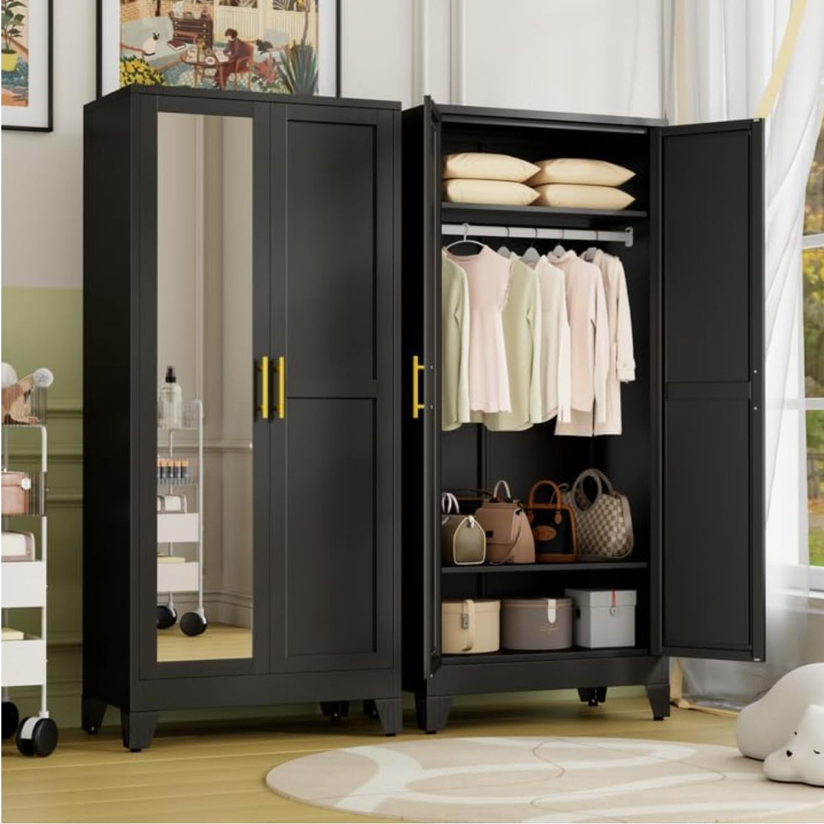 Metal Armoire Wardrobe Closet Storage Cabinet with Mirror White, 71'' Wardrobe Cabinet with Hanging Rod Metal Closet with Adjustable Shelf and Drawer for Bedroom, Laundry Room, Cloak Room