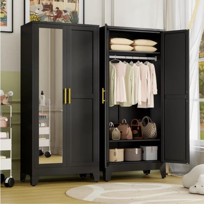 Metal Armoire Wardrobe Closet Storage Cabinet with Mirror White, 71'' Wardrobe Cabinet with Hanging Rod Metal Closet with Adjustable Shelf and Drawer for Bedroom, Laundry Room, Cloak Room