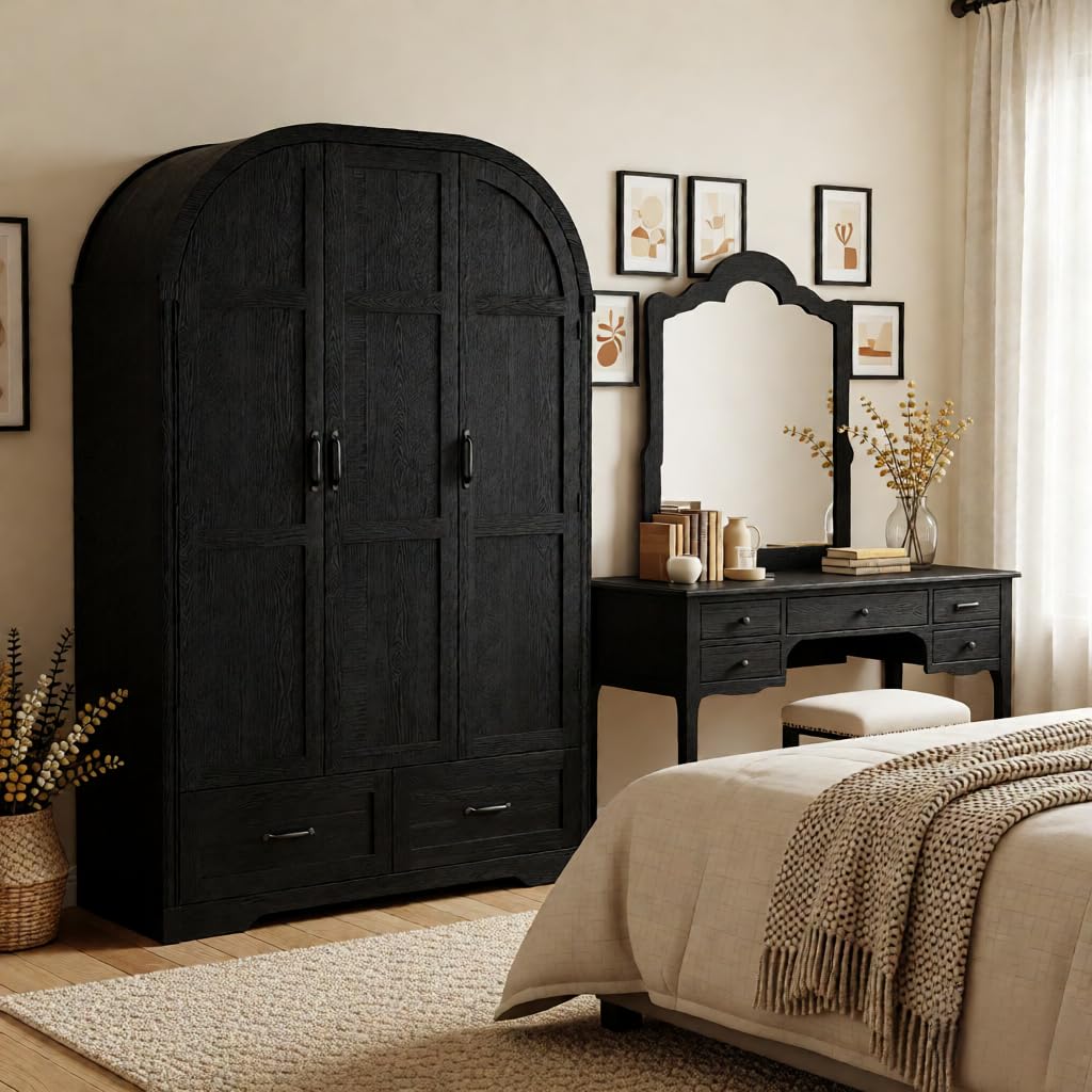 Squireewo 3 Doors Armoire Wardrobe Closet with Mirror and Lights, 71" Farmhouse Arched Wooden Wardrobe Cabinet with 2 Drawers,Hanging Rod, Clothing Storage Closet Cabinet for Bedroom,Light Rustic Oak