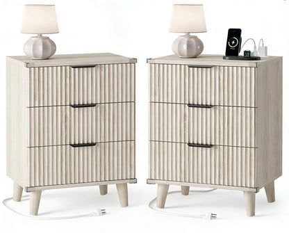 Night Stand Set 2, Fluted Wood Nightstands w/Charging Station for Bedroom