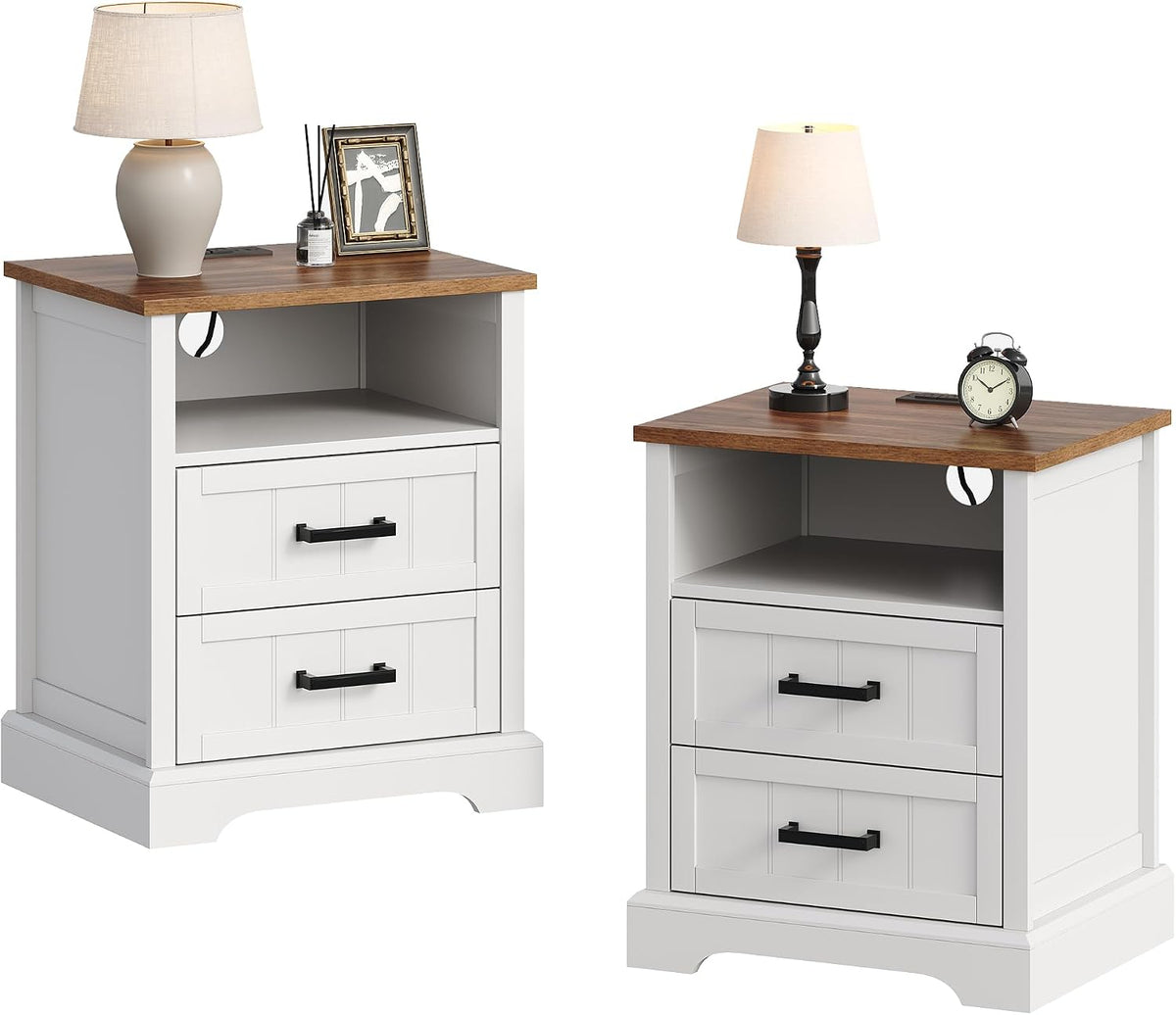 ChooChoo Farmhouse Night Stands with Charging Station Set of 2, 2 Drawers